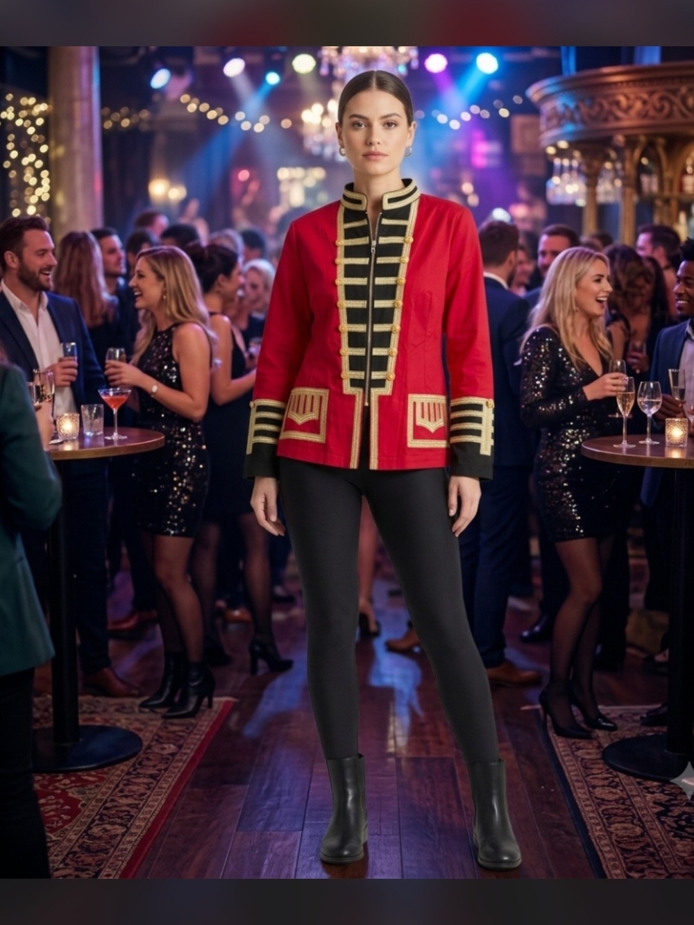 Chic Military Style Statement Jacket – Red & Gold Trim, Unique Structured Fit